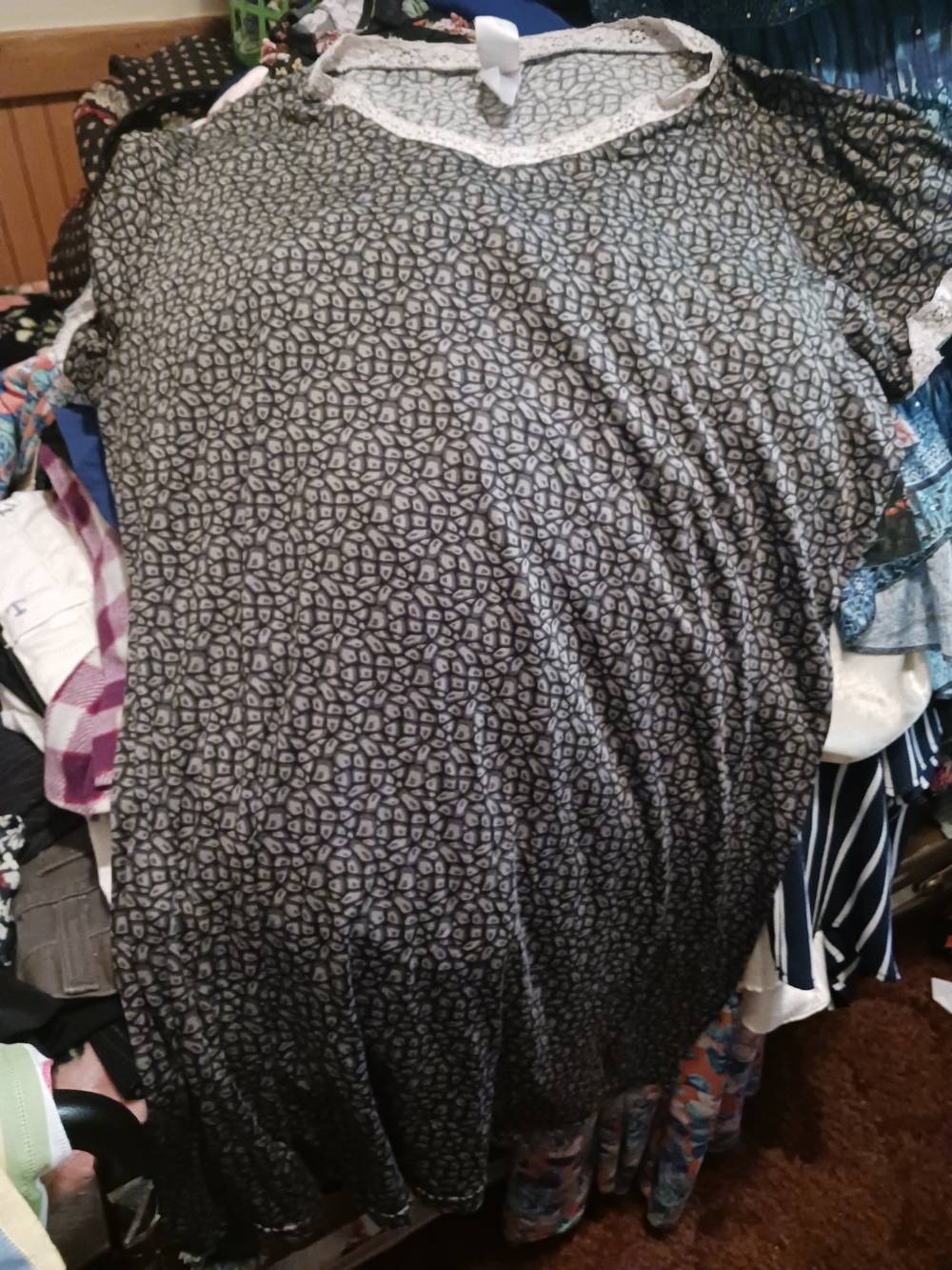 Women's Black Geometric Print Nightgown with Lace Trim